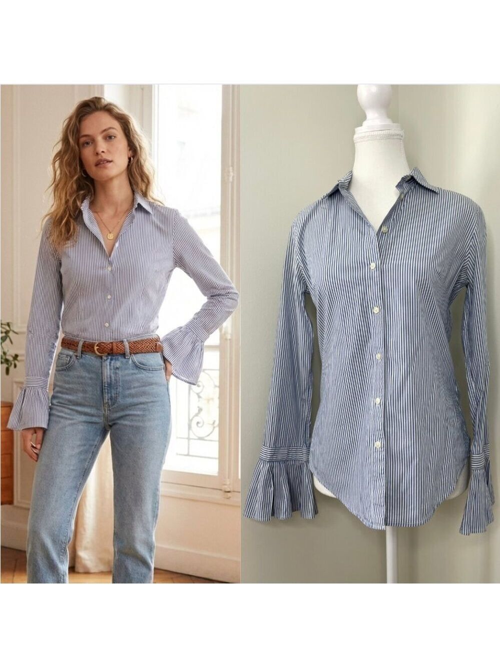 Banana Republic Tailored Fit Striped Blouse with Bell Cuffs 2